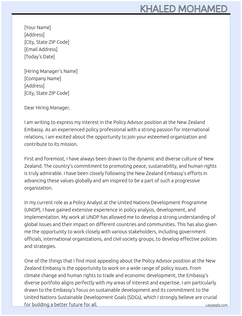 Policy Advisor At New Zealand Embassy Cover Letter
