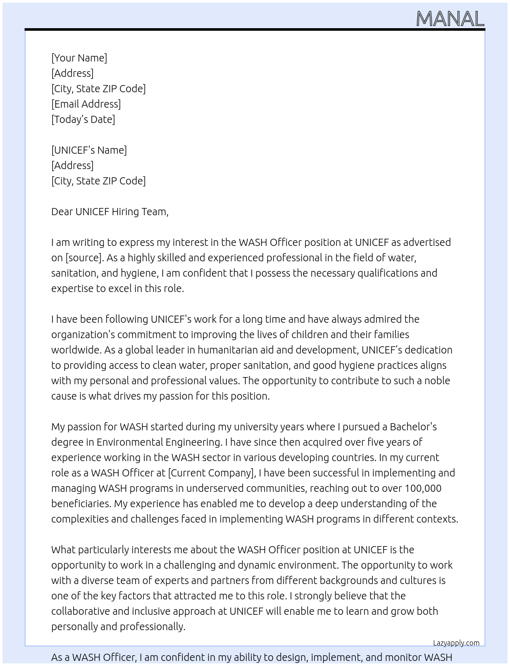 WASH officer At unicef Cover Letter