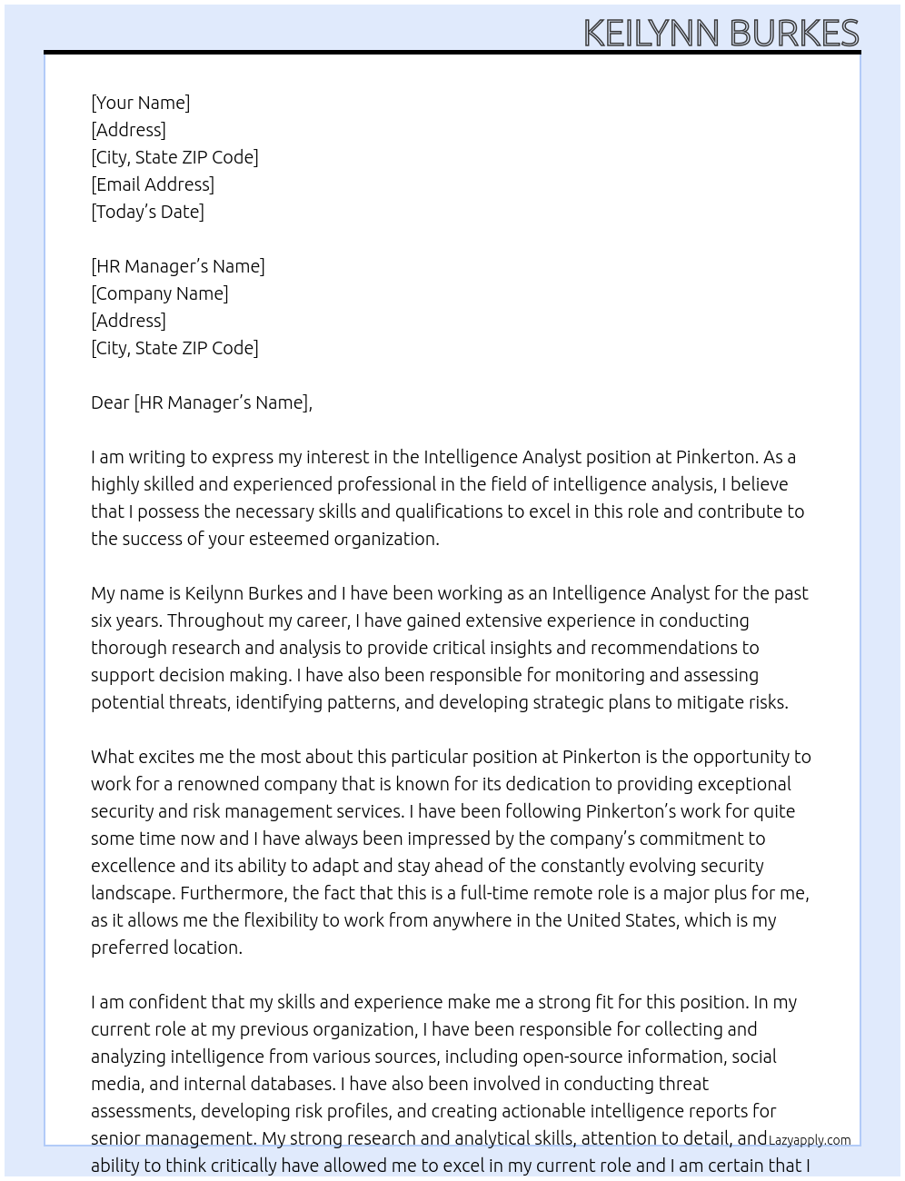 Intelligence Analyst At Pinkerton Cover Letter