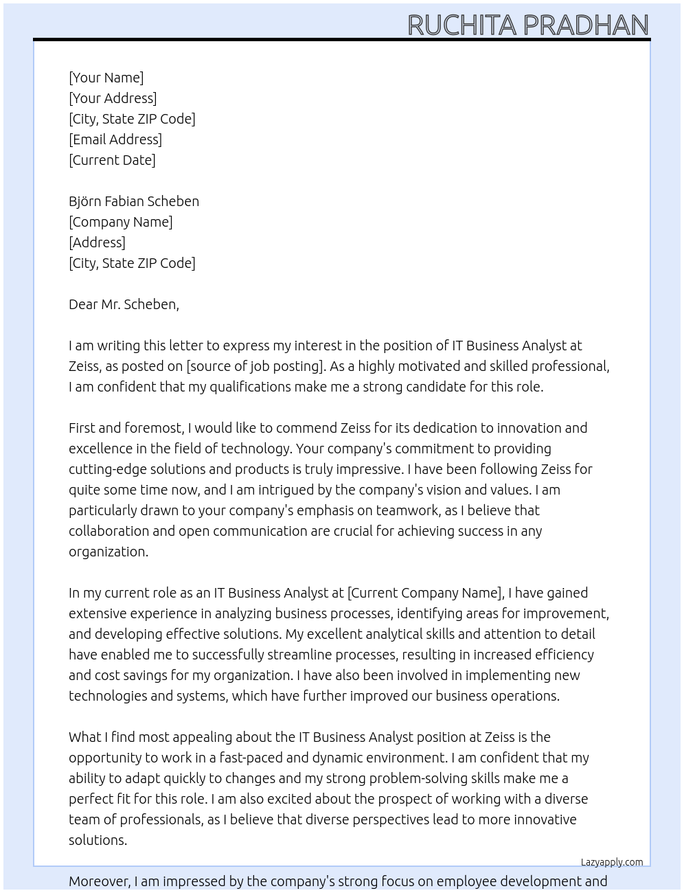 IT Business Analyst At Zeiss Cover Letter