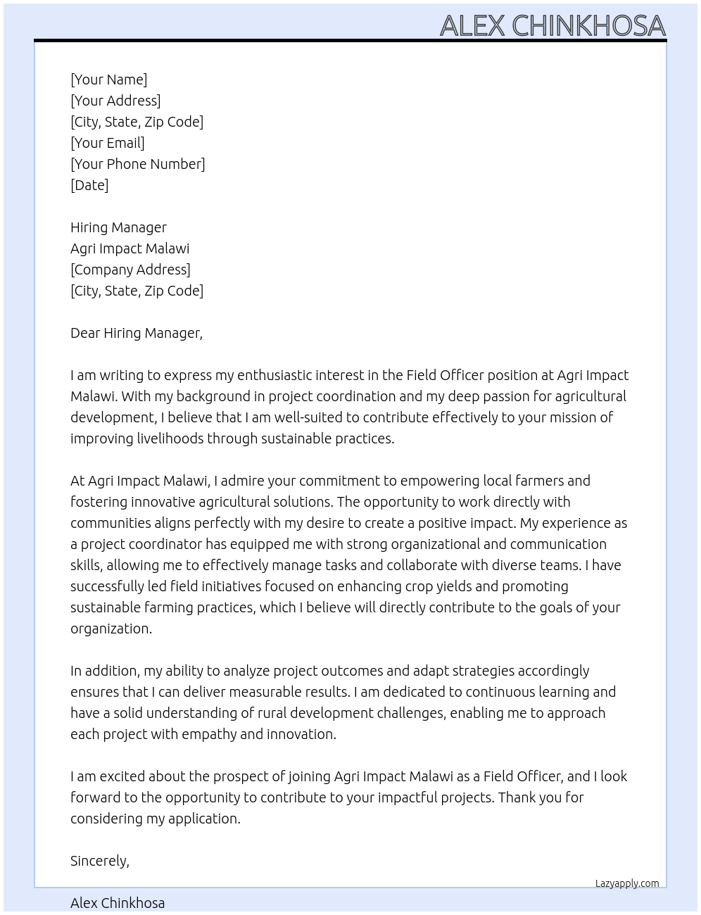 field officer At agri impact malawi Cover Letter