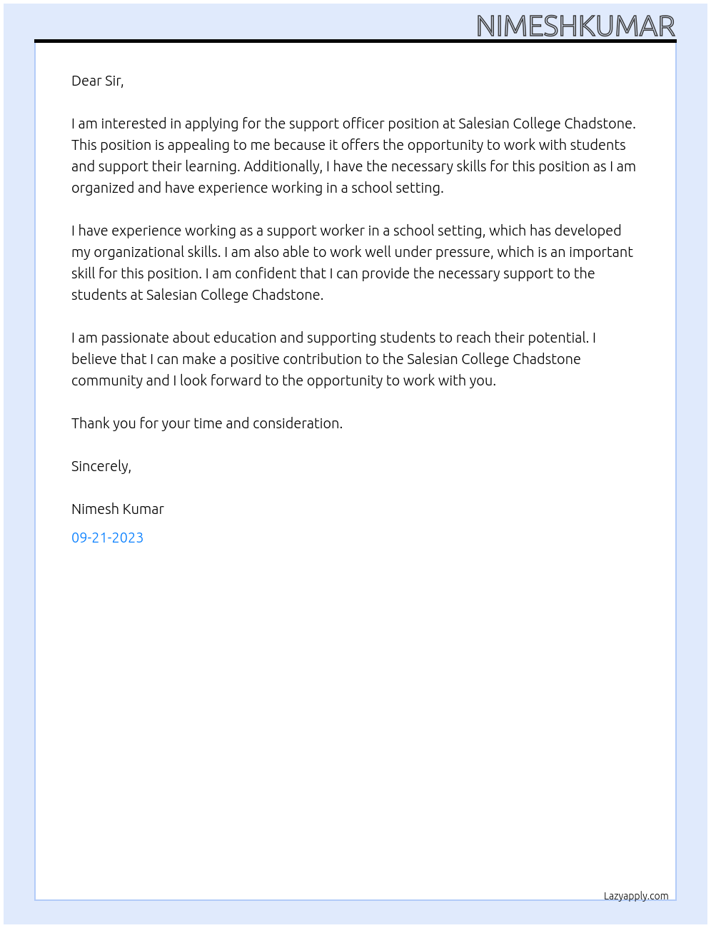 support officer At Salesian College Chadstone Cover Letter