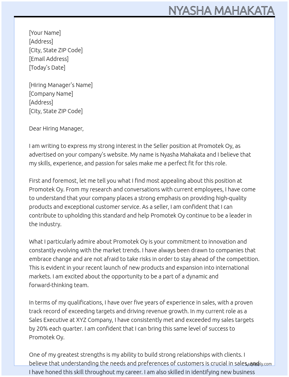 Seller At Promotek Oy Cover Letter