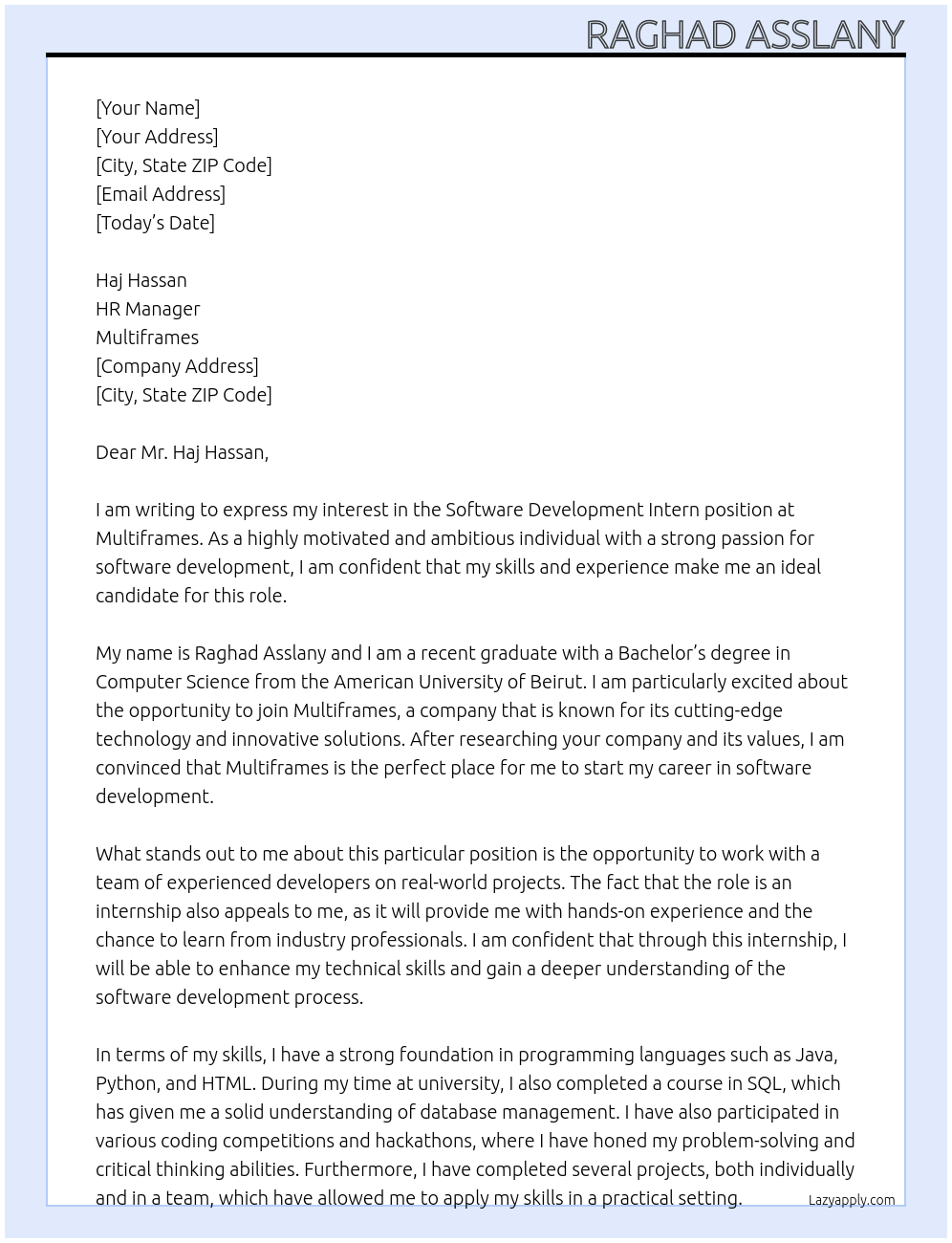 software development intern At Multiframes Cover Letter