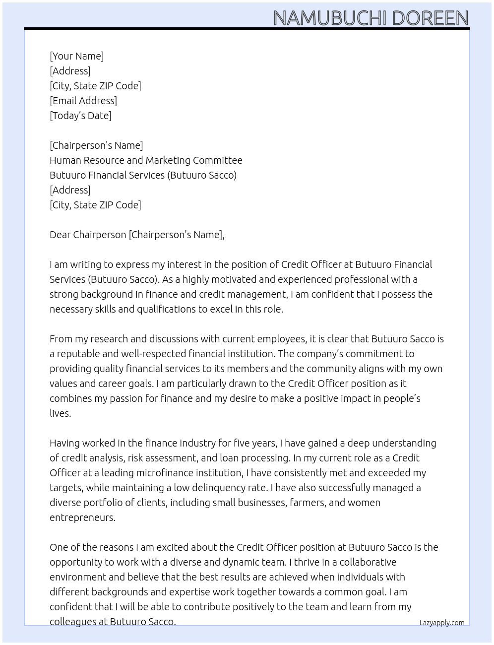 Credit officer At Butuuro Financial Services(Butuuro Sacco) Cover Letter