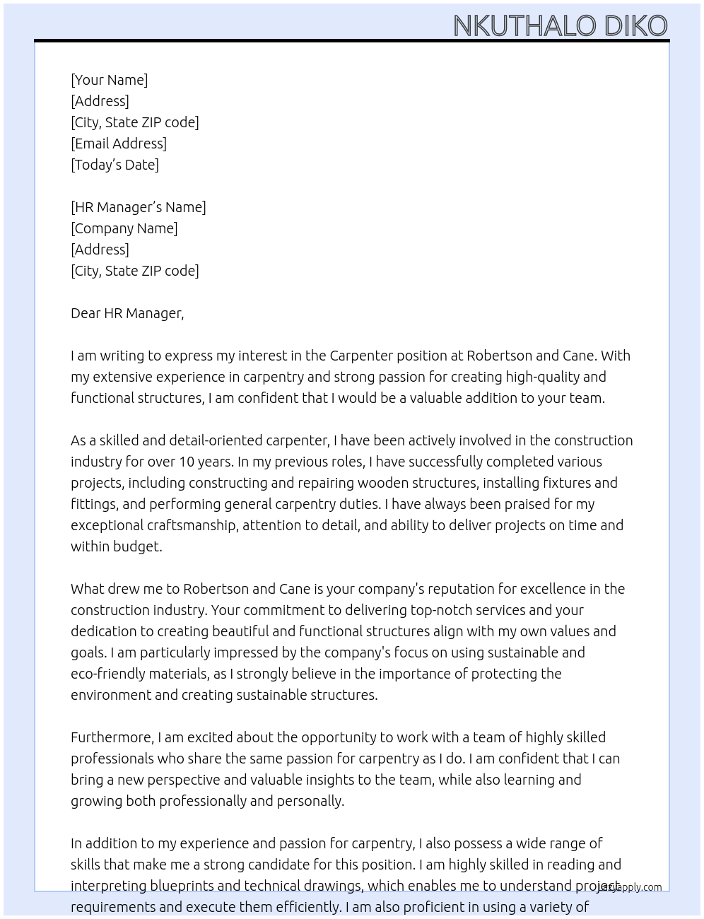 Carpenter  At Robertson and cane  Cover Letter