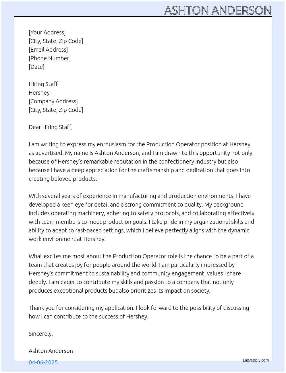 Production Operator At Hershey Cover Letter
