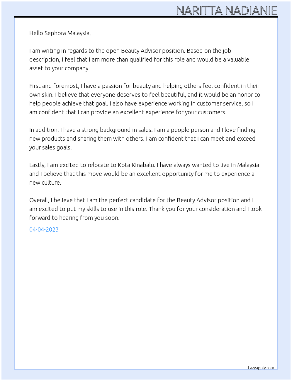 beauty advisor At sephora malaysia Cover Letter