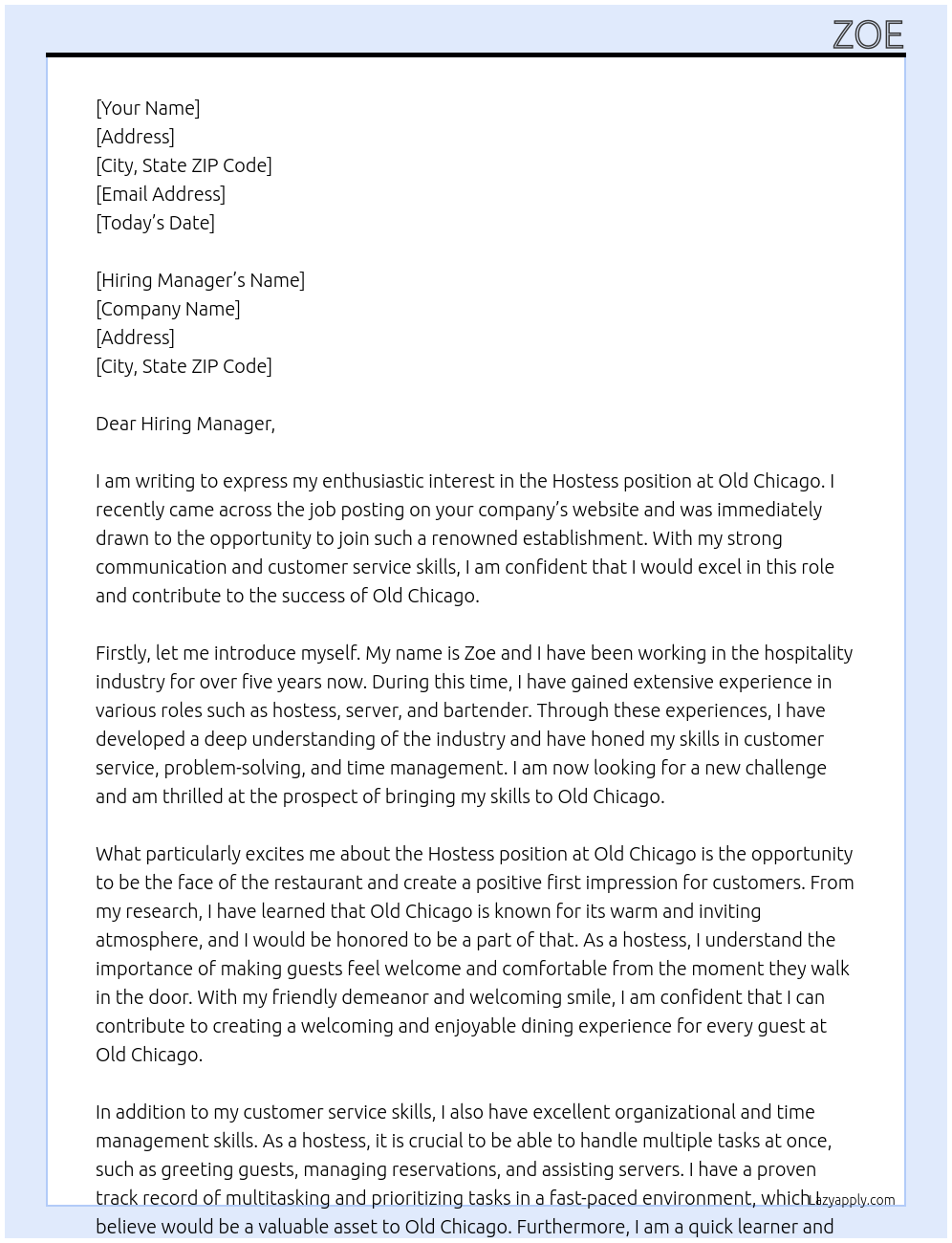Hostess At Old Chicago Cover Letter