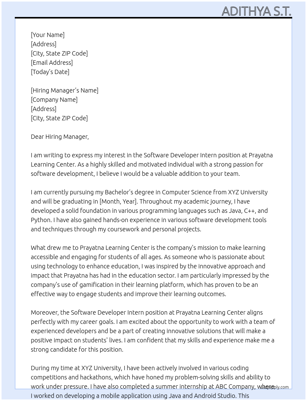 Software Developer Intern At Prayatna Learning Center Cover Letter