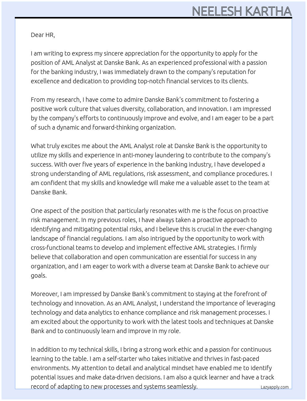 AML Analyst At Danske Bank Cover Letter