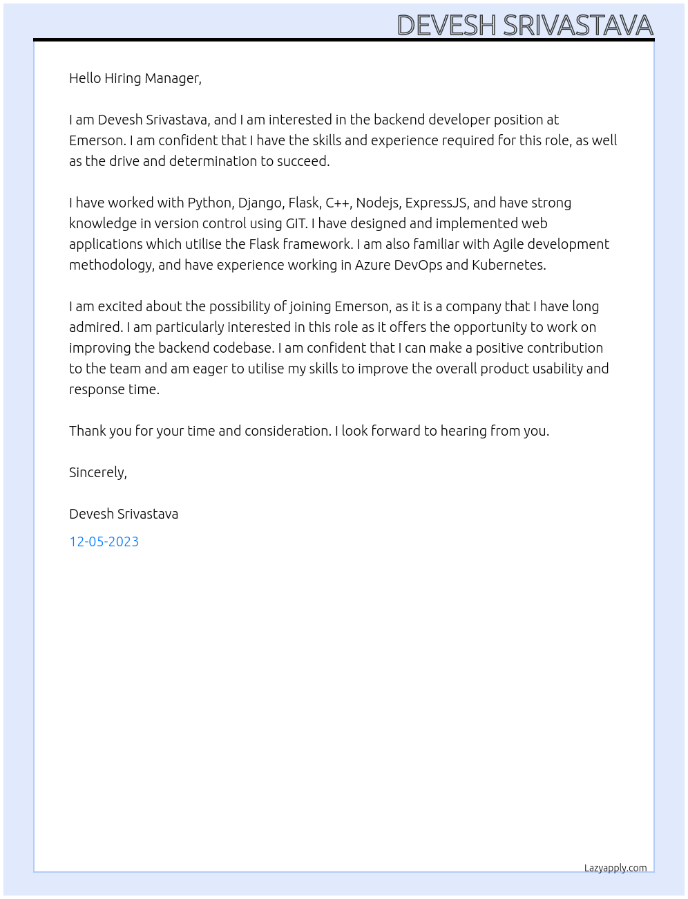 Backend Developer At Emerson Cover Letter