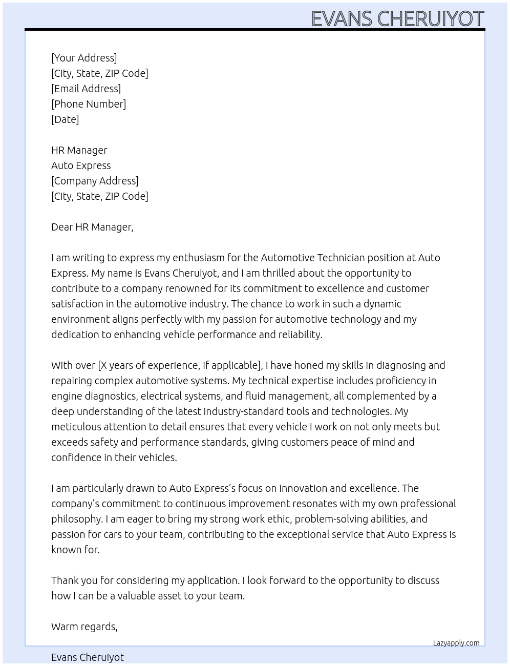 Cover letter for automotive technician - LazyApply