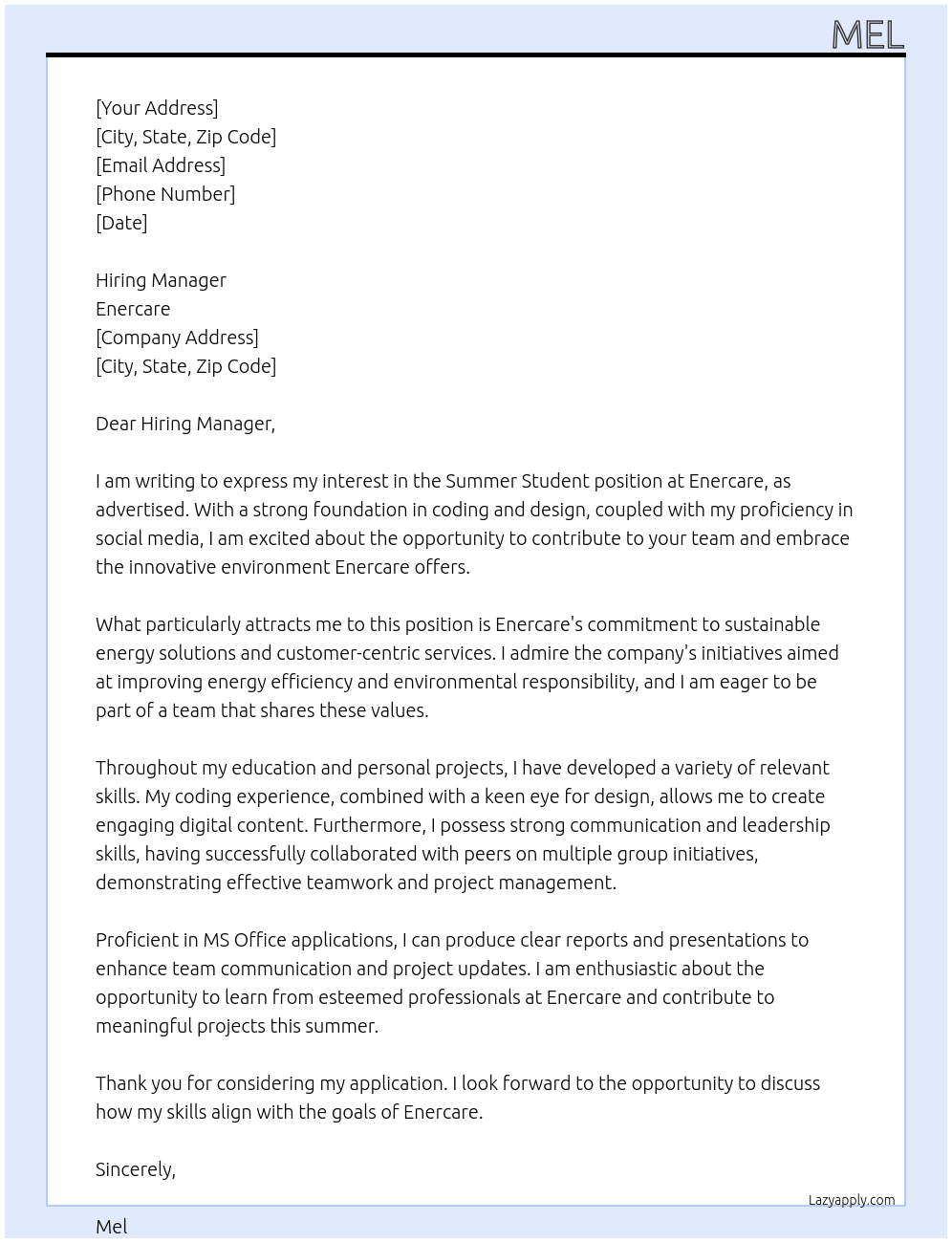 Cover letter for summer student - LazyApply