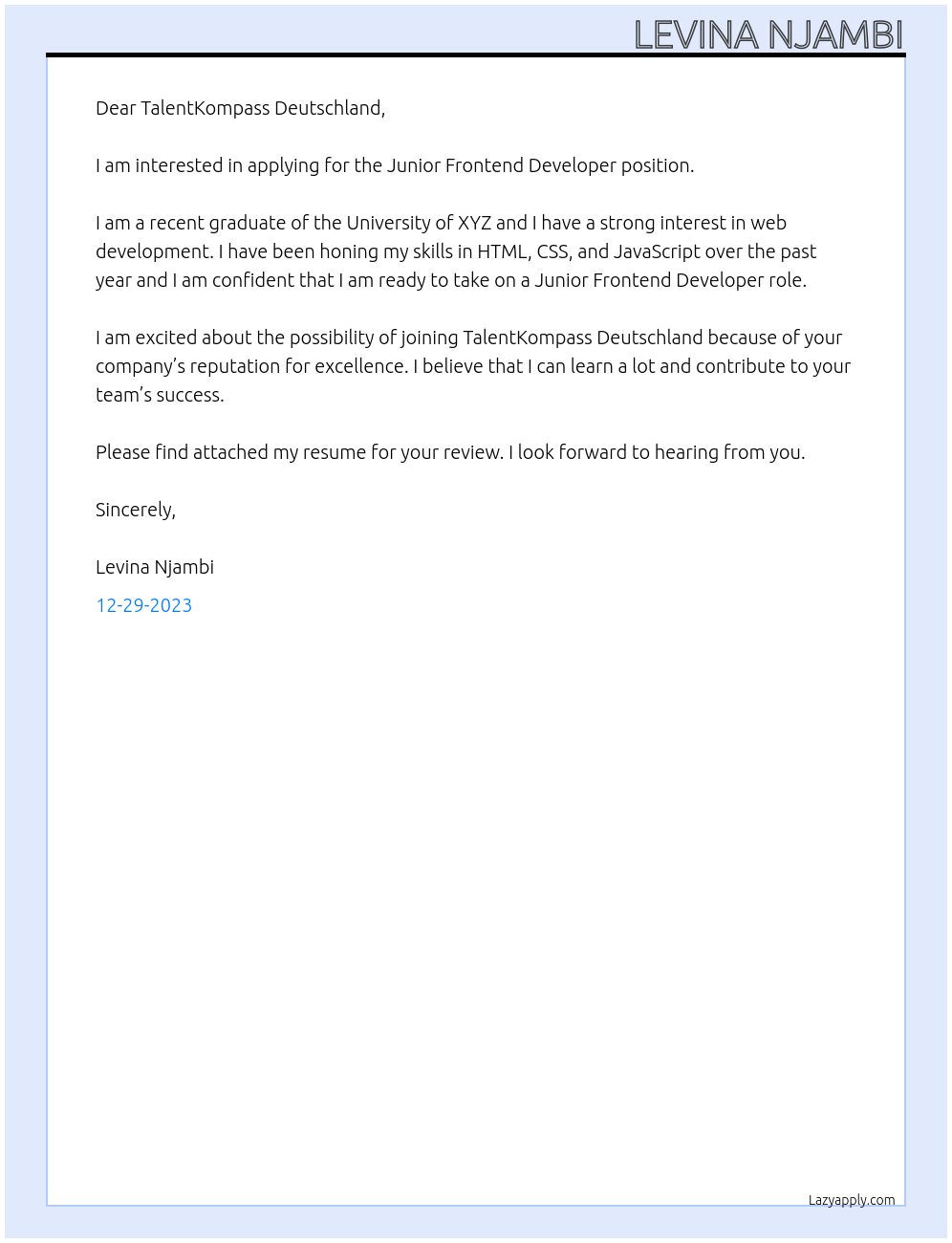 Junior frontend developer At TalentKompass Deutschland Cover Letter