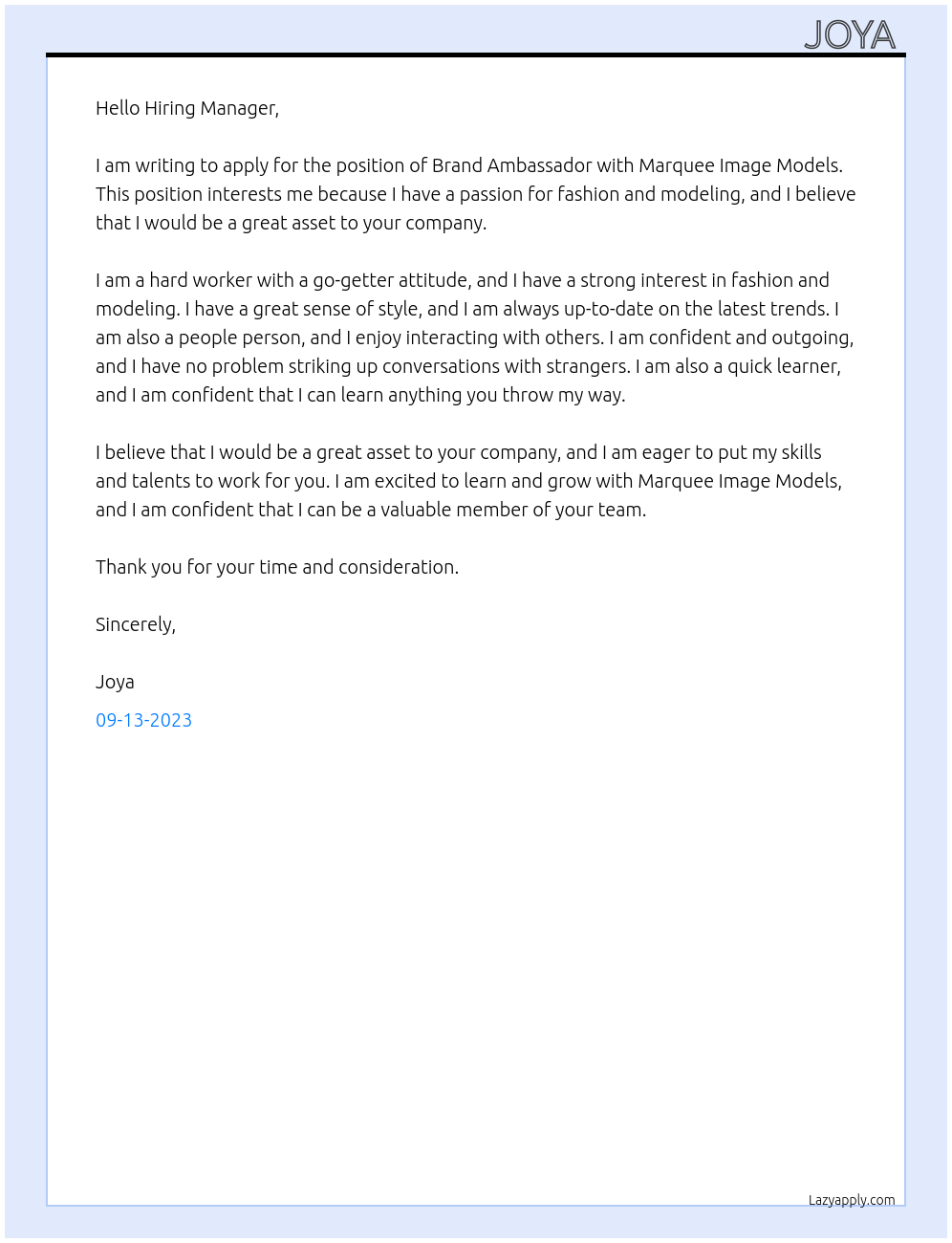 Brand Ambassador At Marquee Image Models Cover Letter