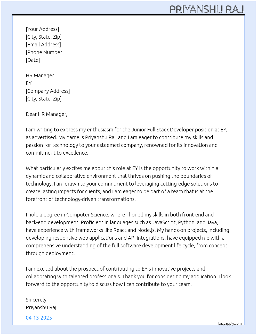 Junior Full Stack Developer At EY Cover Letter
