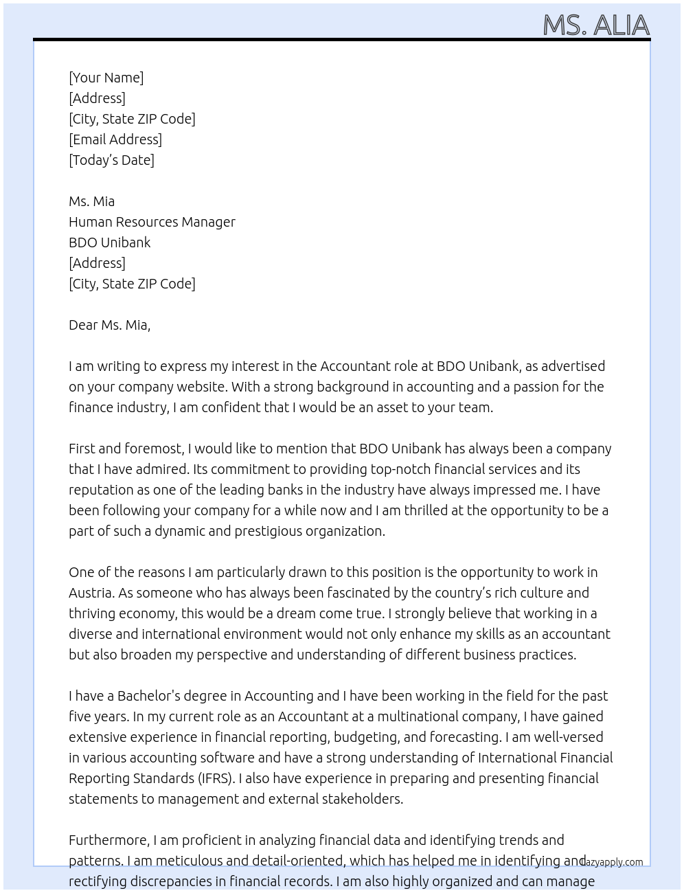 Accounting At BDO unibank Cover Letter