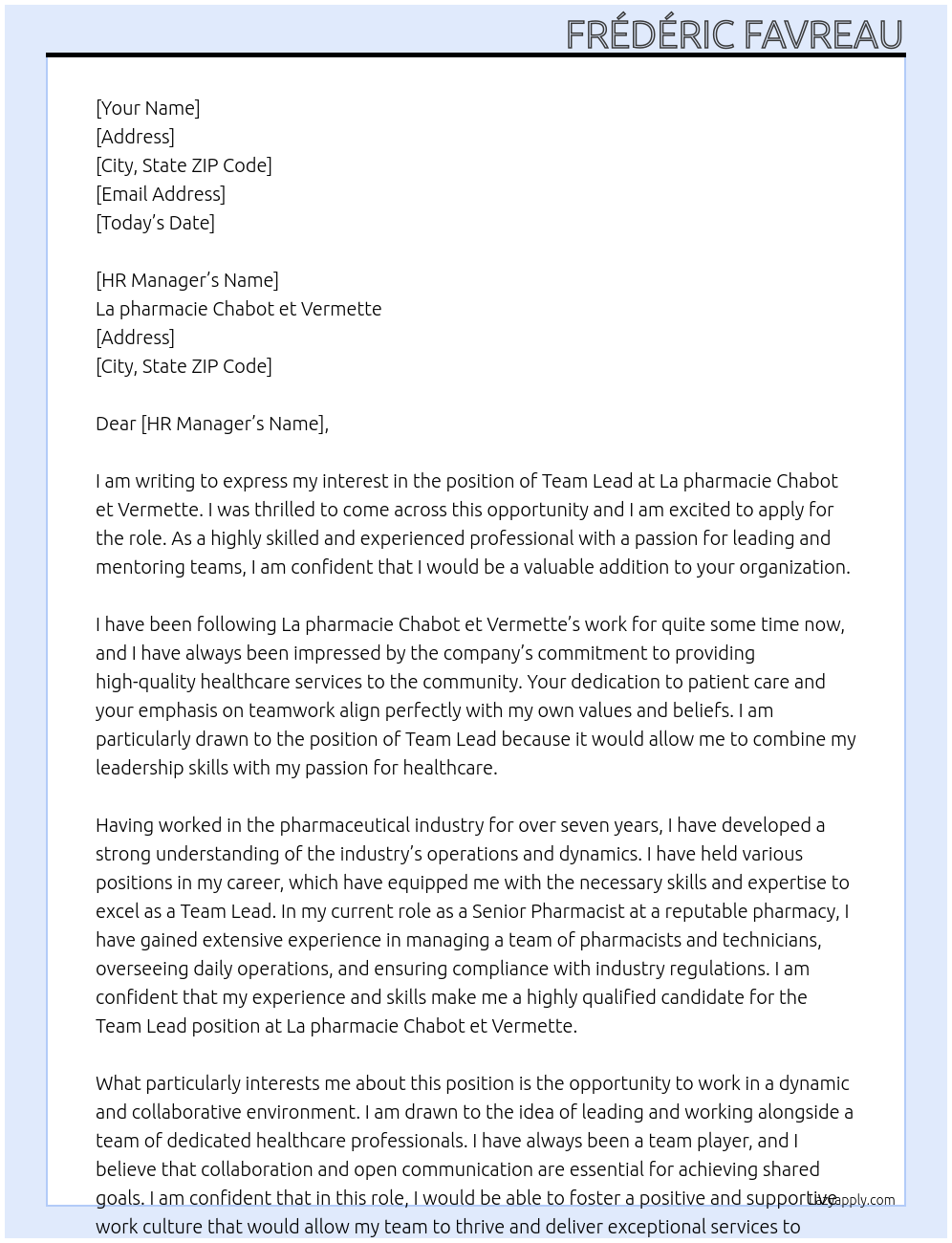 team lead At La pharmacie Chabot et Vermette Cover Letter