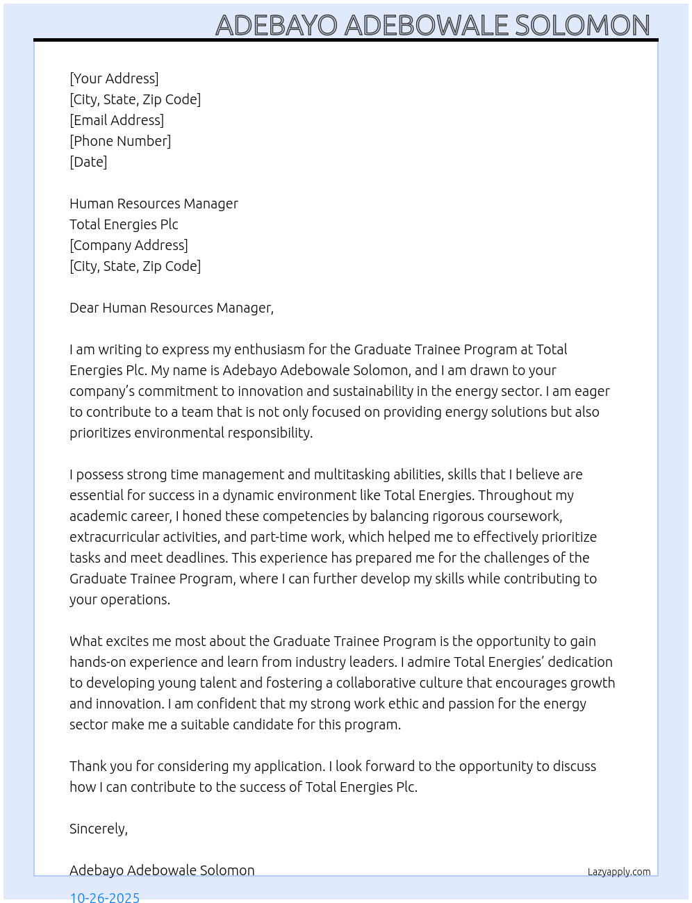 Cover letter for graduate trainee program - LazyApply