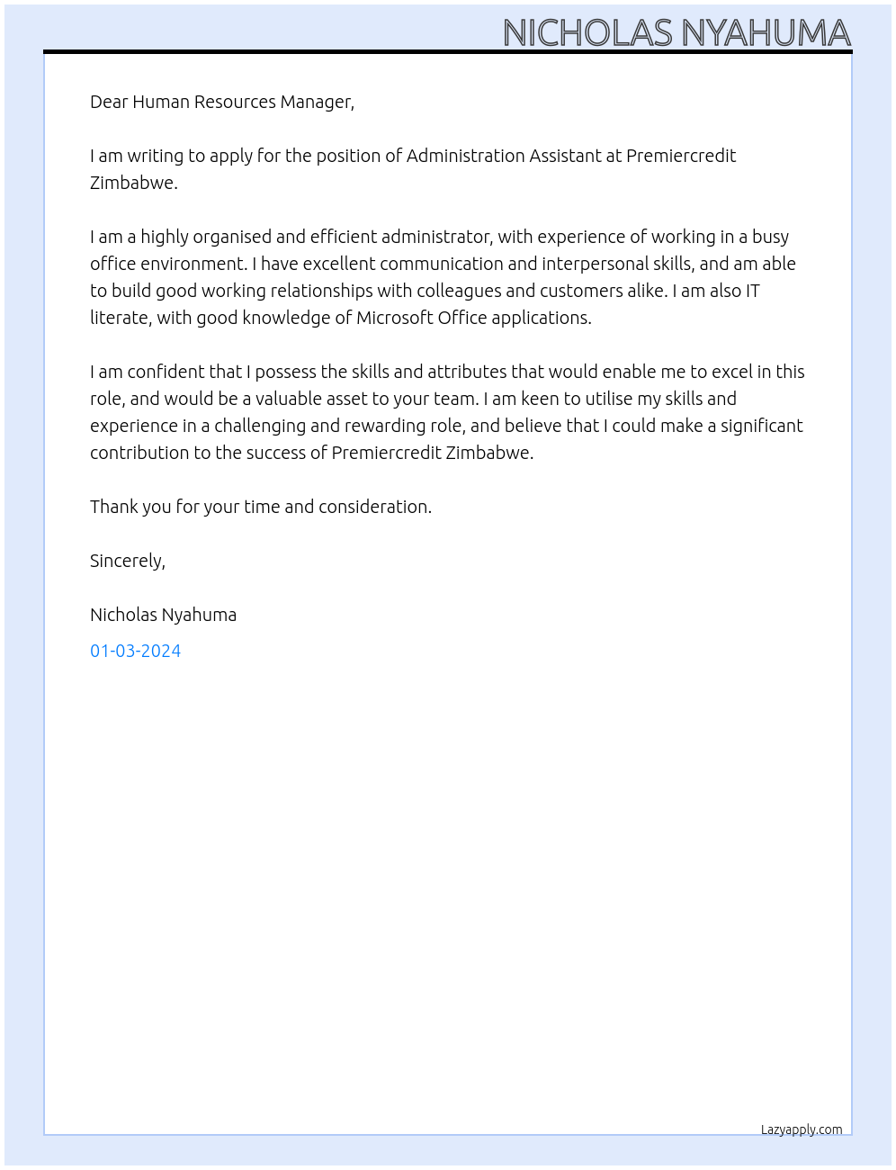 Adminstration Assistant At Premiercredit Zimbabwe Cover Letter