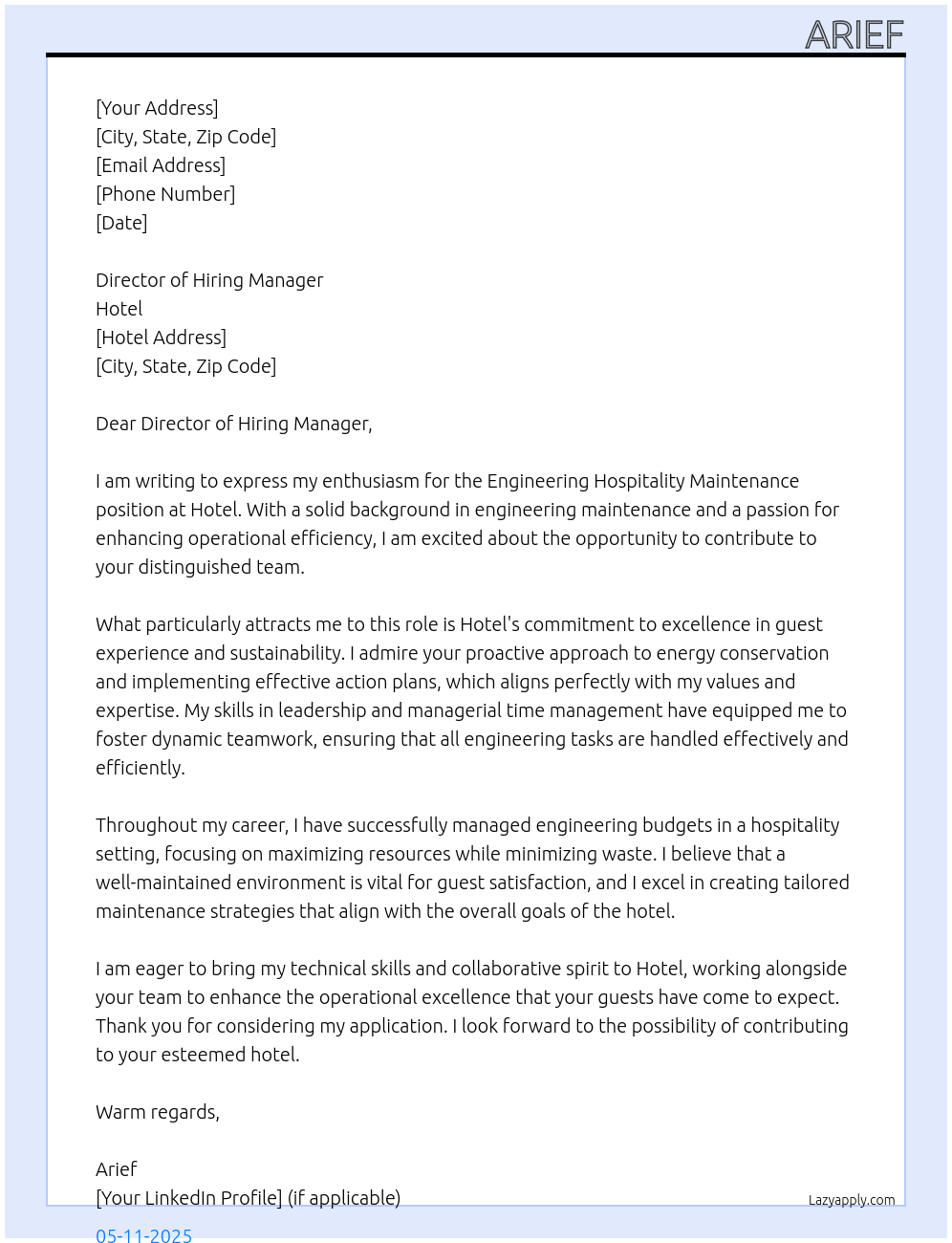 Engineering Hospitality Maintenance At Hotel  Cover Letter