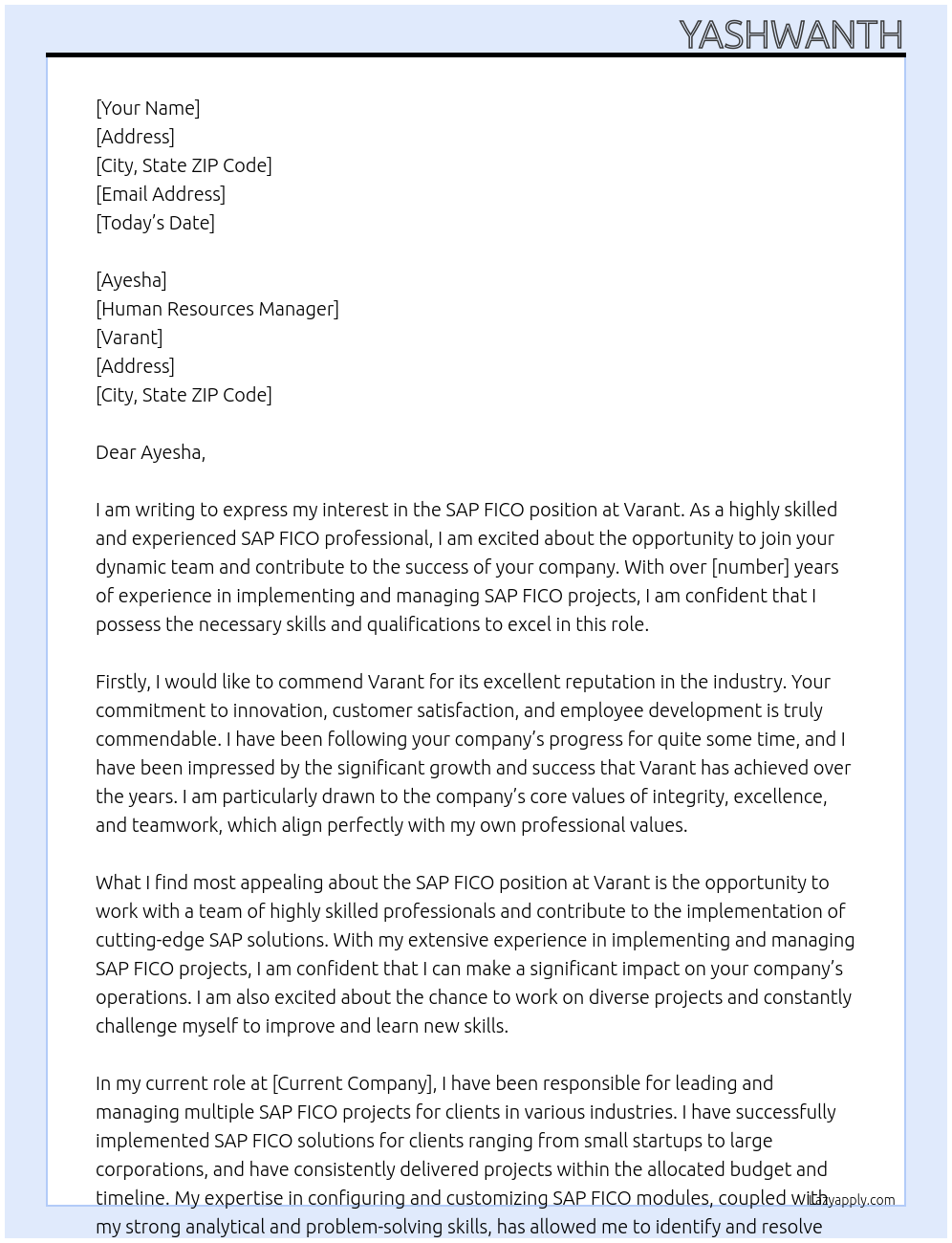 SAP FICO At Varant Cover Letter