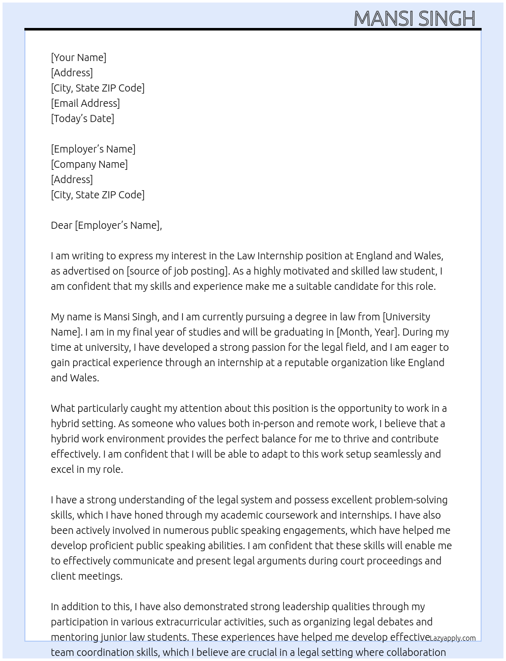 Law internship At England and Wales Cover Letter