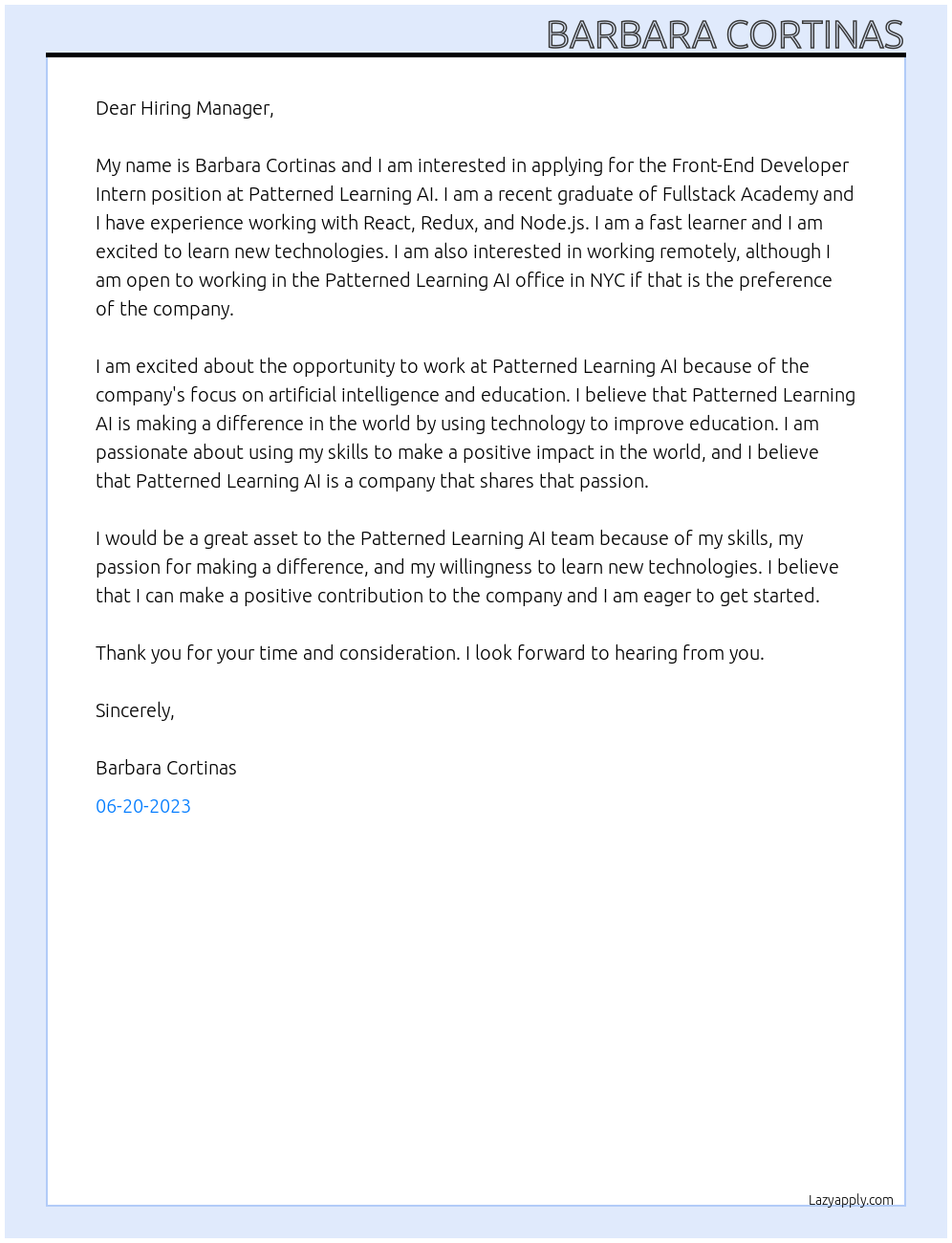 Front-End Developer Intern At Patterned Learning AI Cover Letter
