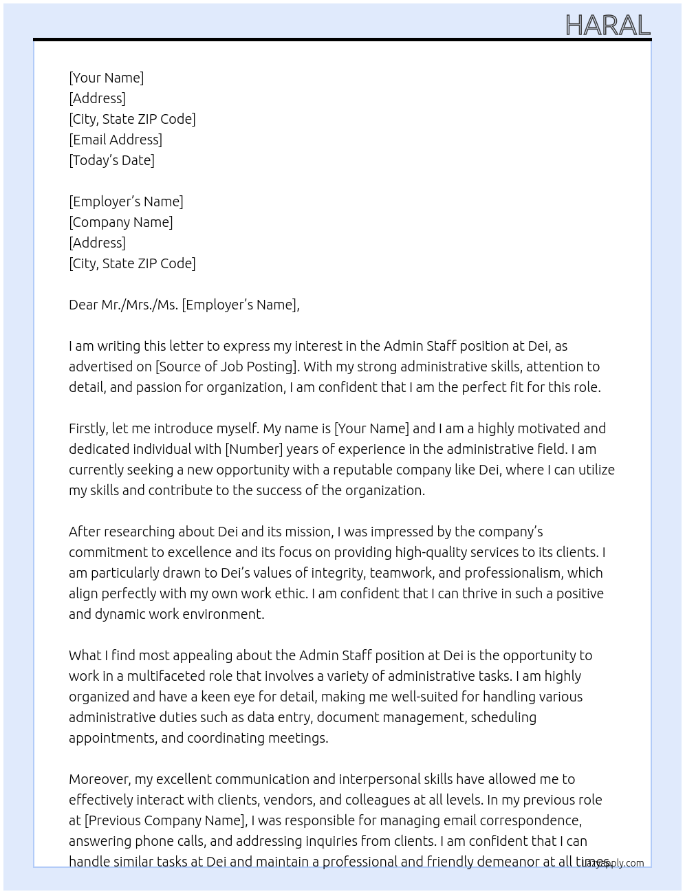 Admin Staff At Dei Cover Letter