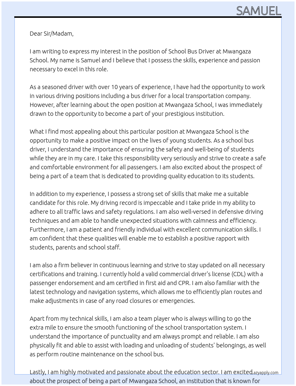 School bus driver At Mwangaza schol Cover Letter
