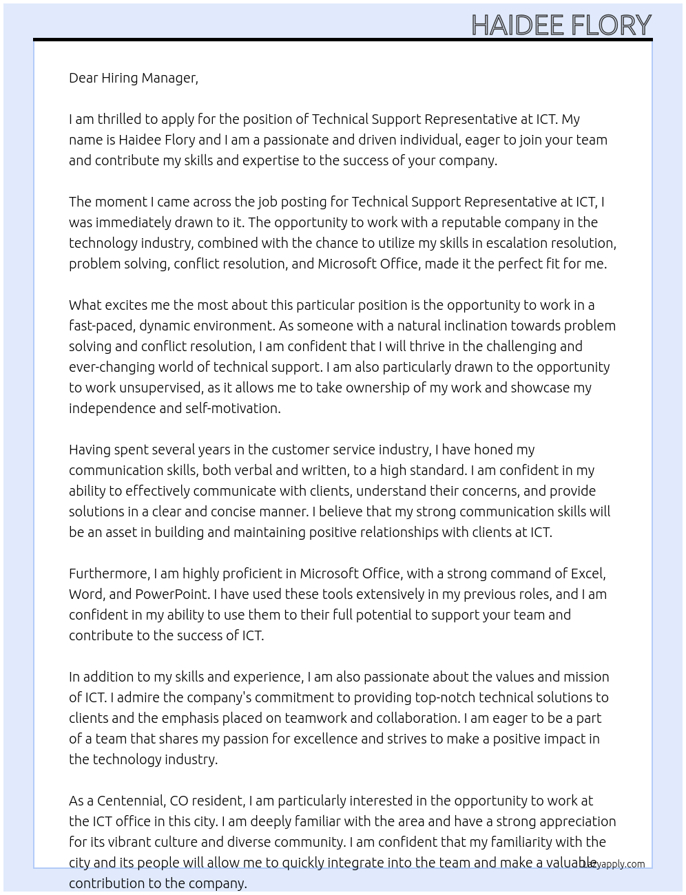 Technical Support Representative At ICT Cover Letter