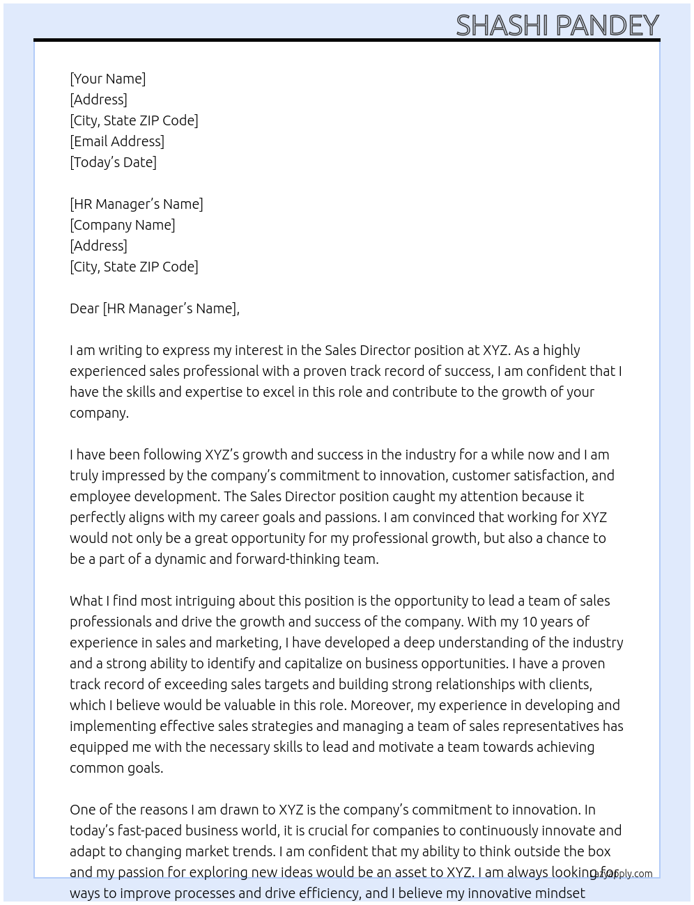 Sales Director At XYZ Cover Letter