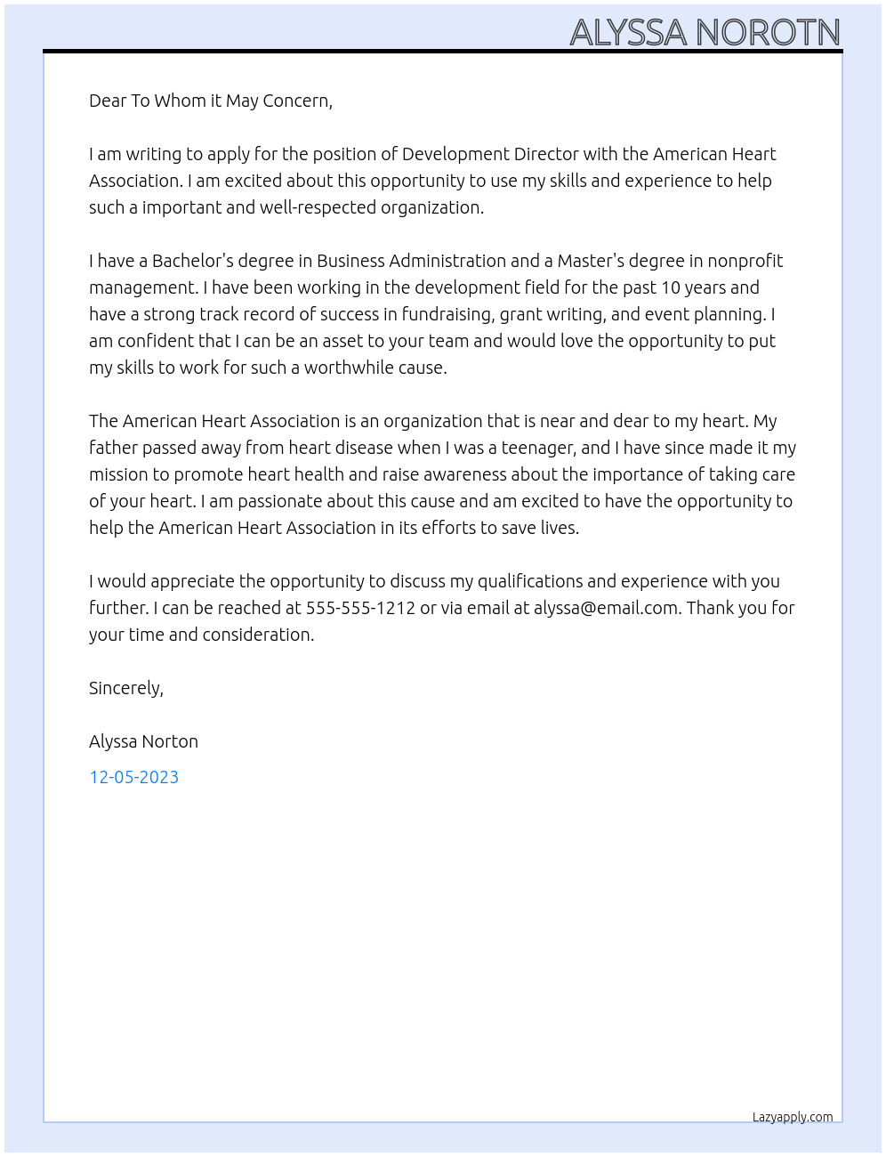 Development Director At American Heart Association Cover Letter