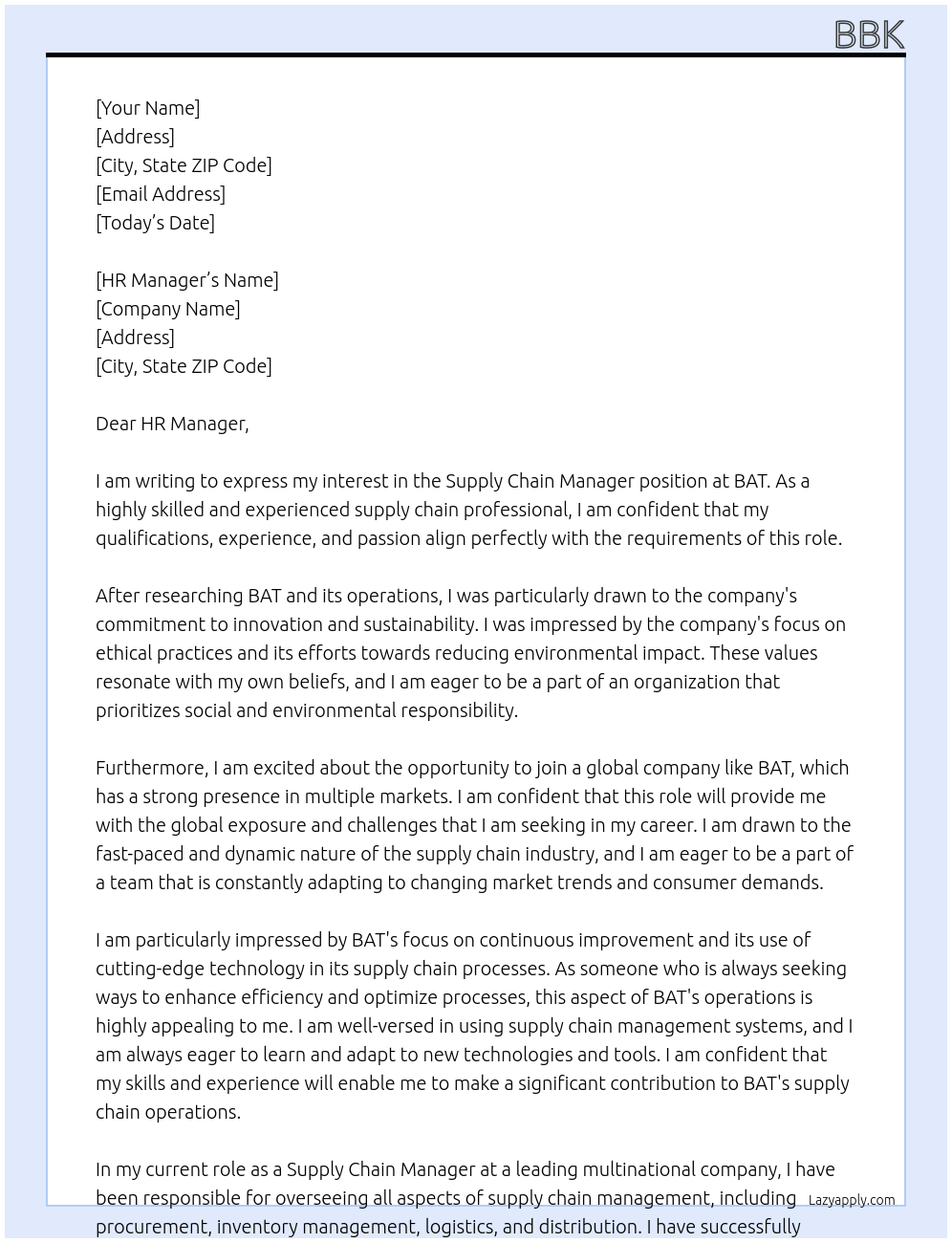 Supply chain manager At BAT Cover Letter
