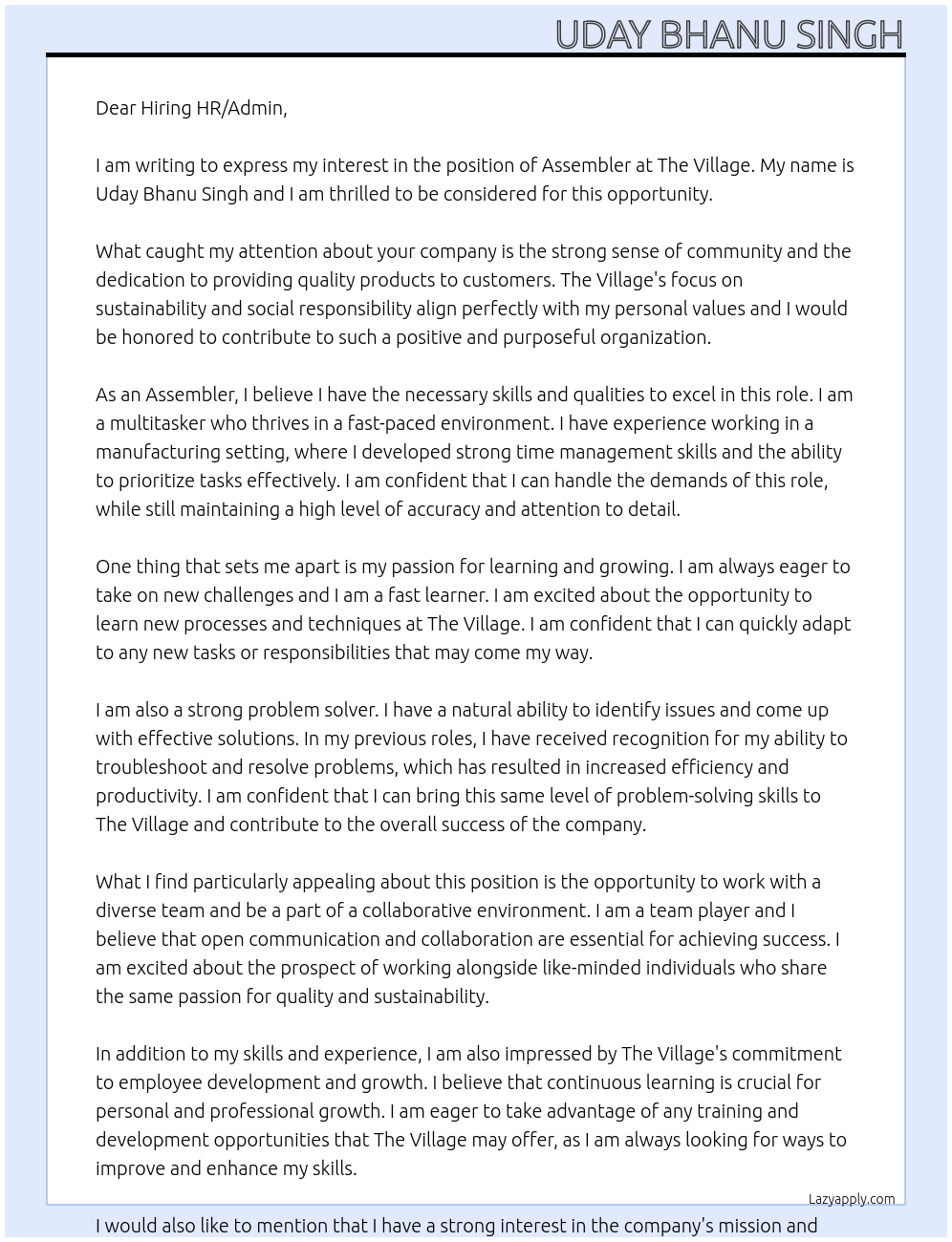 Assembler At The Village Cover Letter