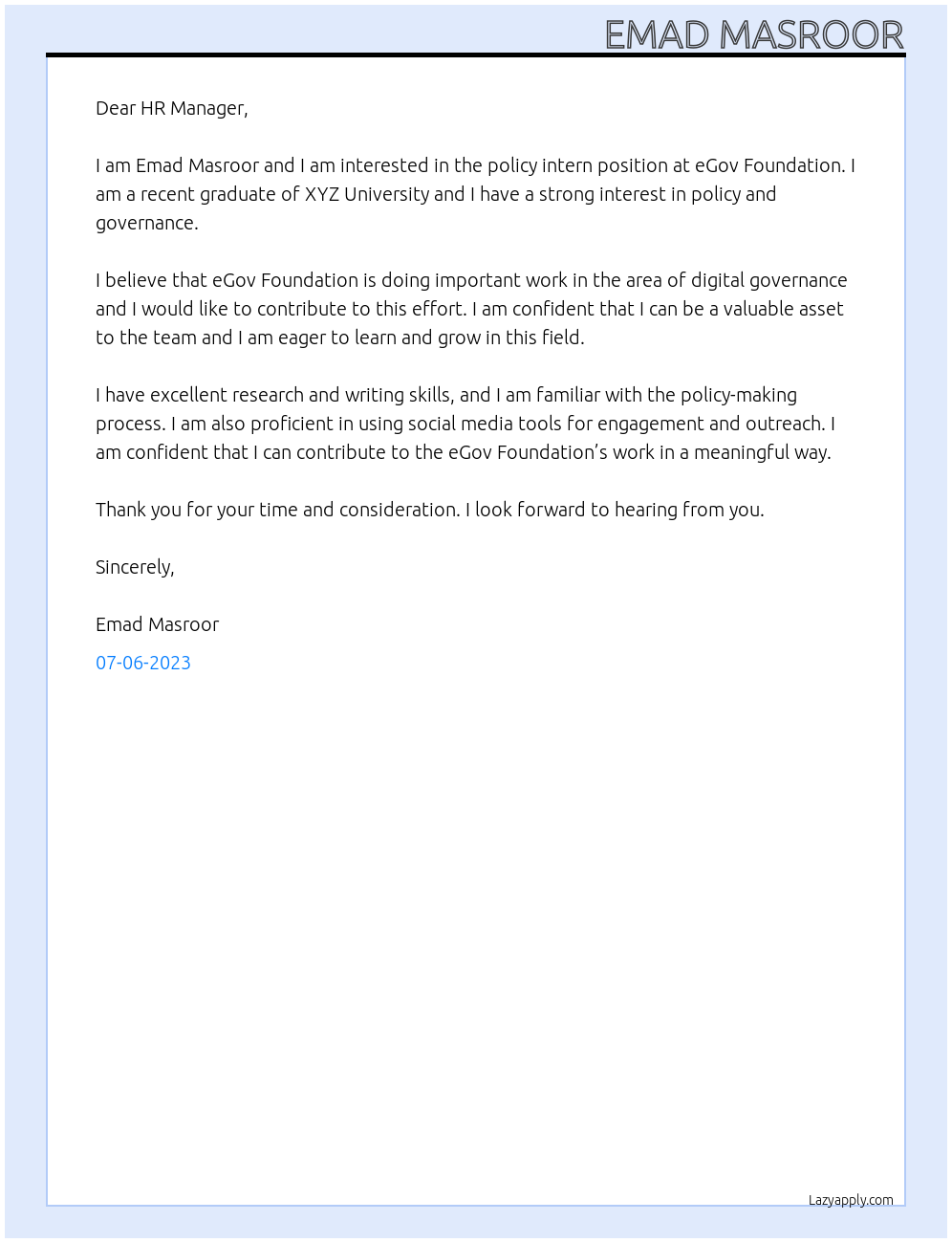 policy intern At eGov Foundation Cover Letter