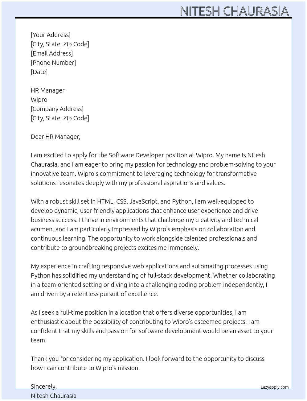 Software developer At WIPRO Cover Letter