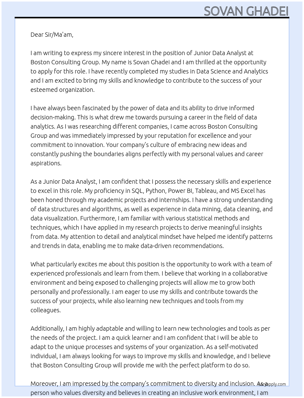 Junior Data Analyst At Boston Consulting Group Cover Letter