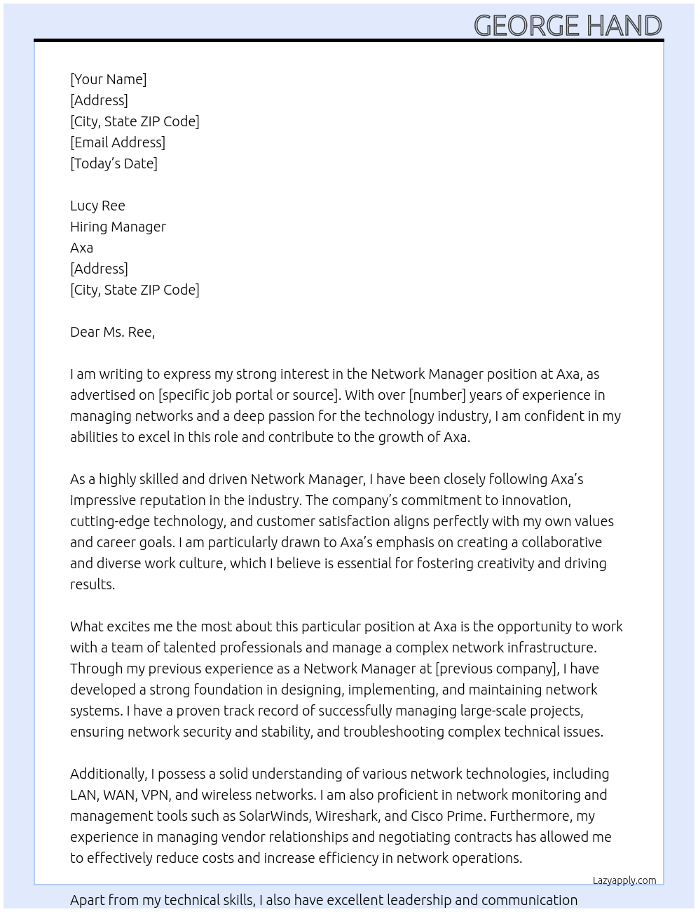 Network Manager At Axa Cover Letter