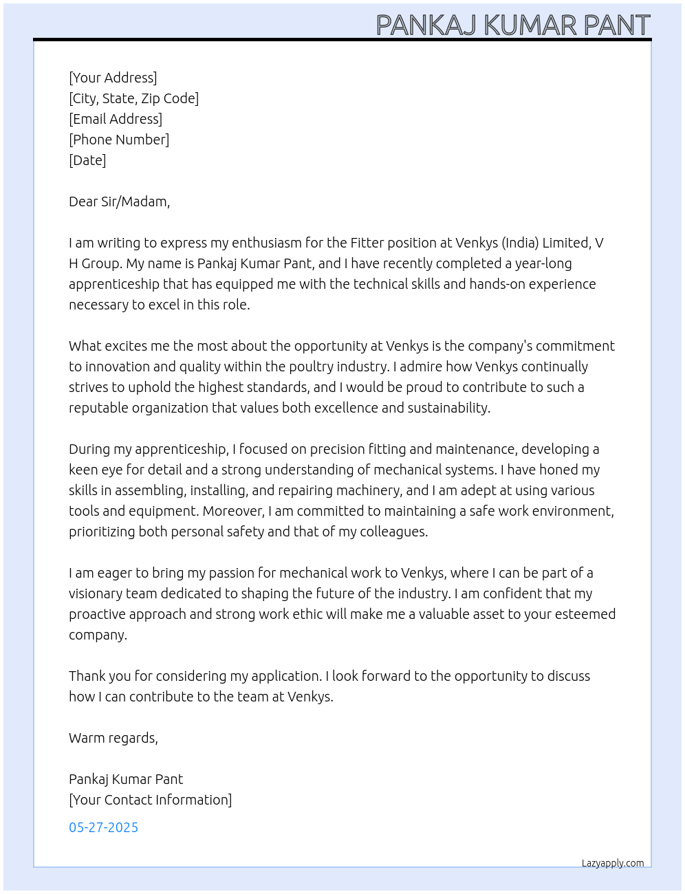 Fitter At Venkys (India) Limited.V H Group Cover Letter