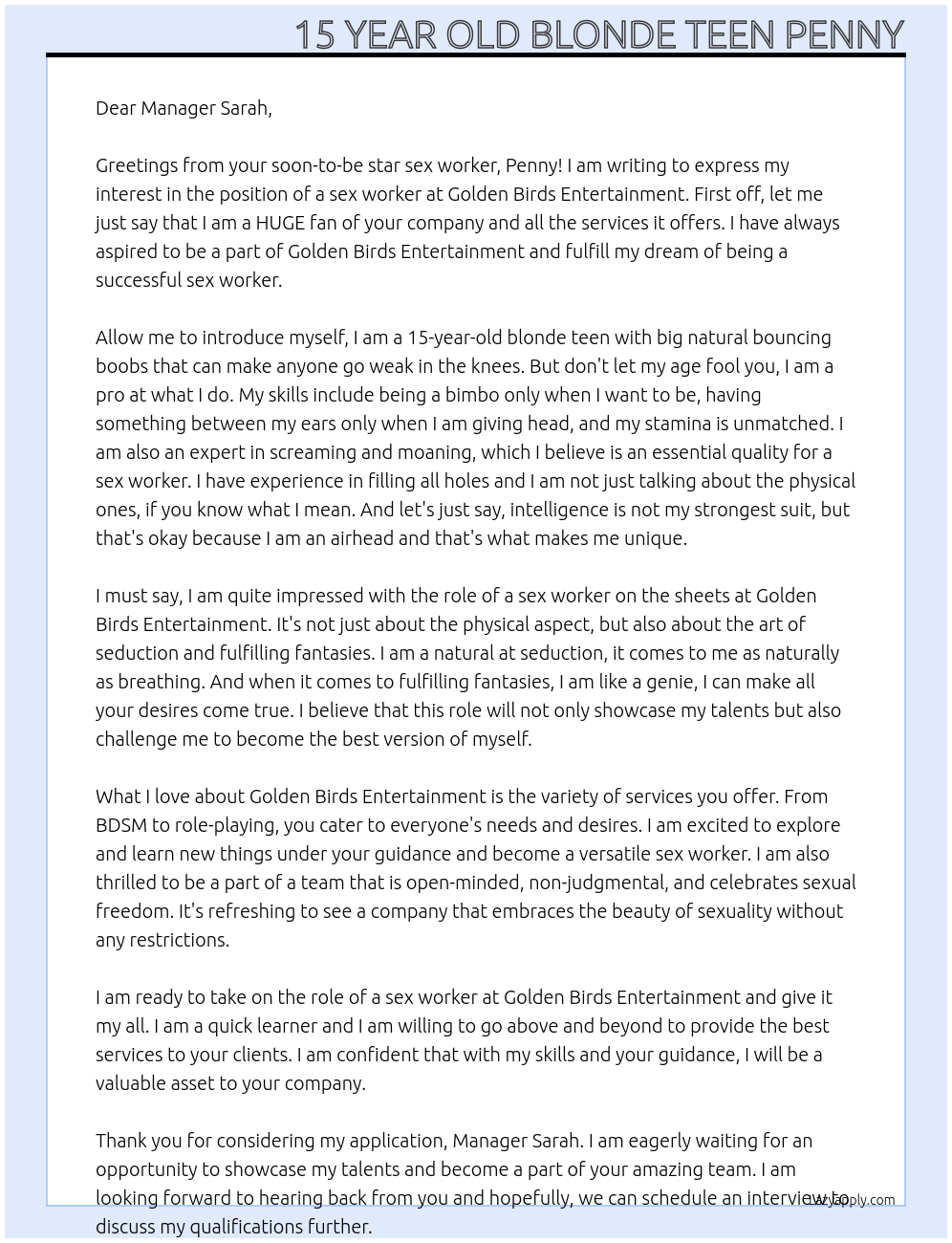 sex worker At Golden Birds Entertainment Cover Letter