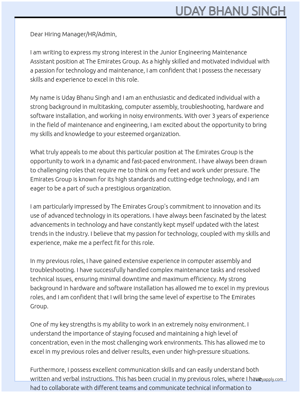 Junior Engineering Maintenance assistant At The Emirates Group Cover Letter