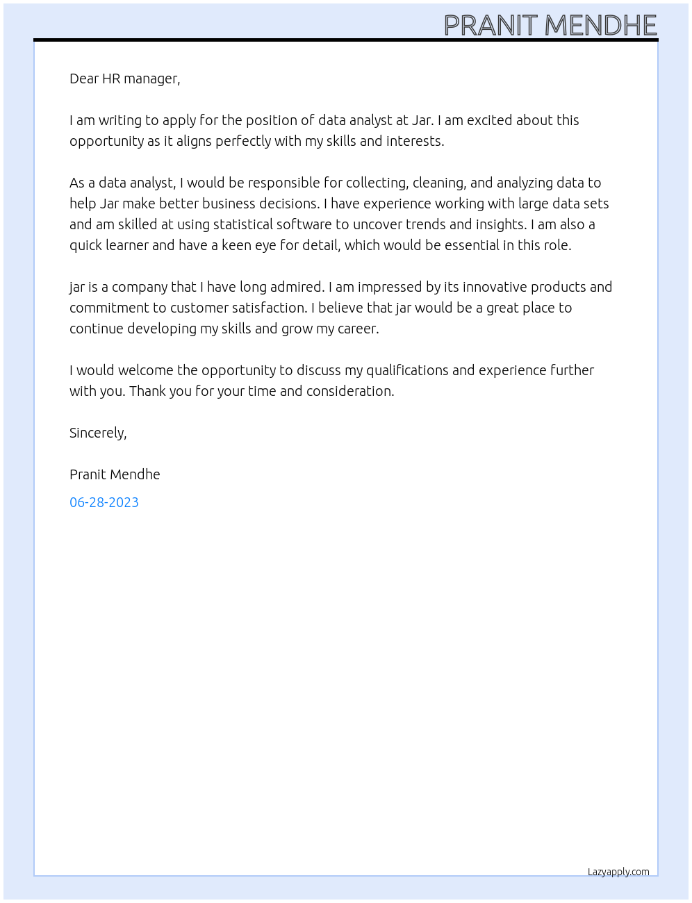 Data analyst At Jar Cover Letter