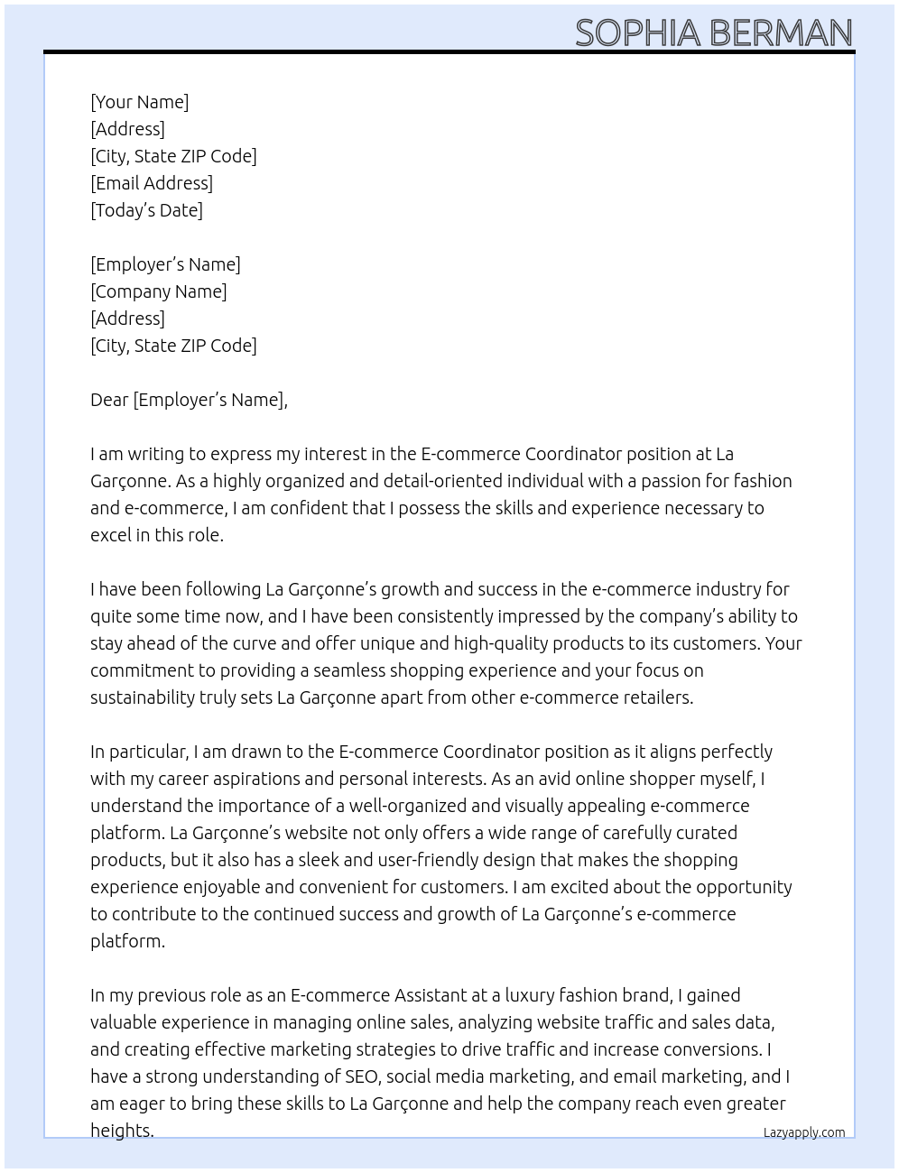 E-commerce Coordinator At La Garçonne Cover Letter