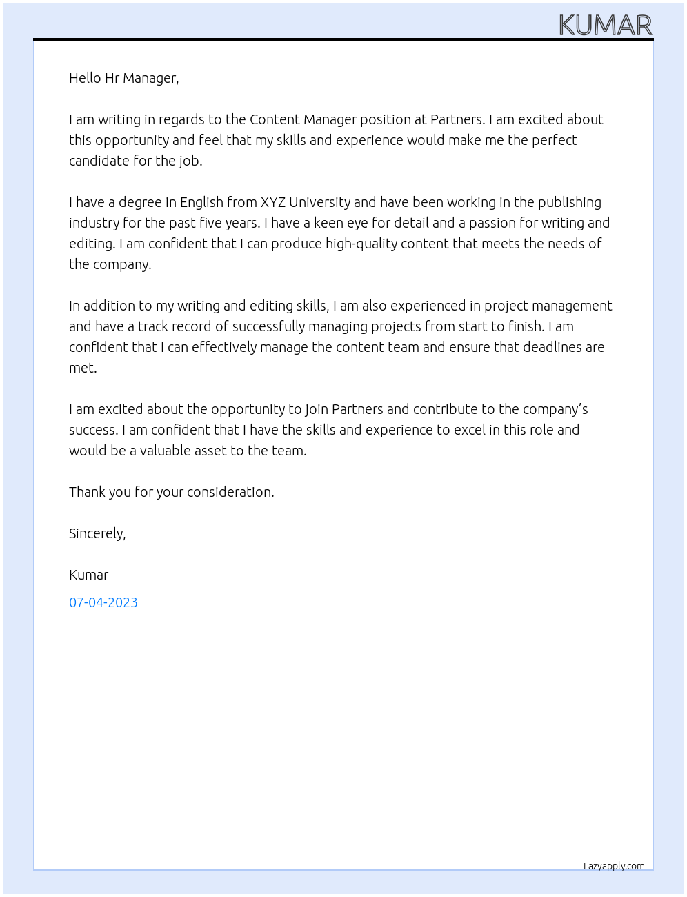 Content Manager At Partners Cover Letter