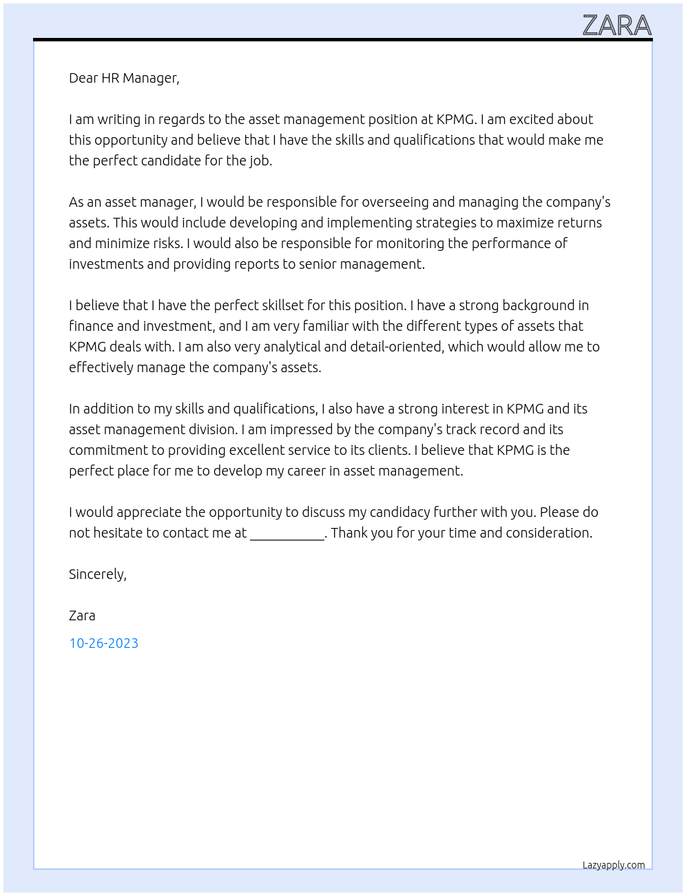 asset management At KPMG Cover Letter