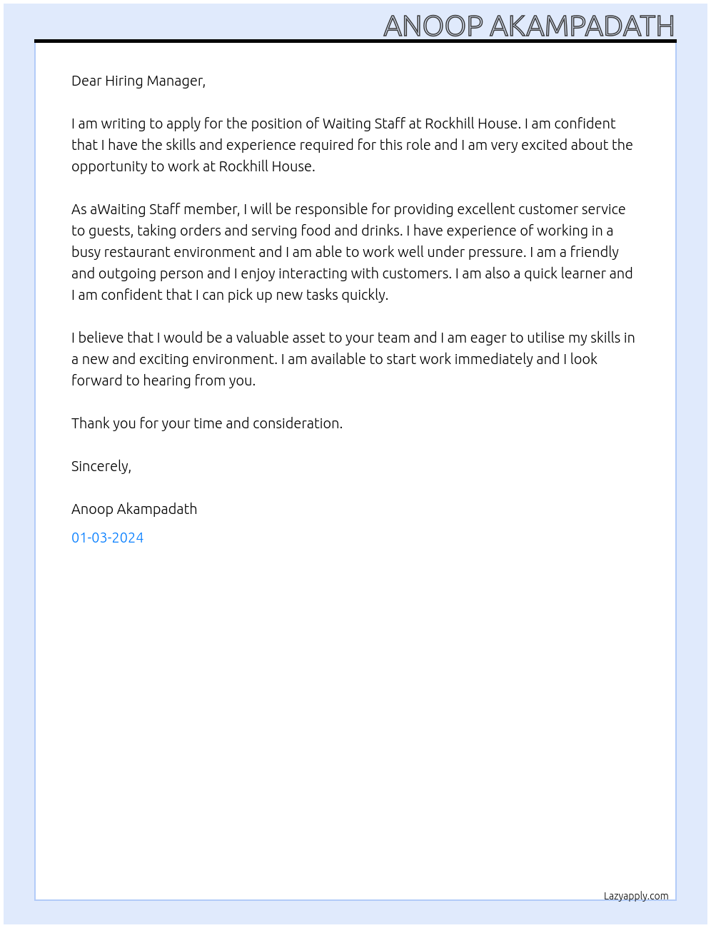 Waiting Staff At Rockhill House Cover Letter