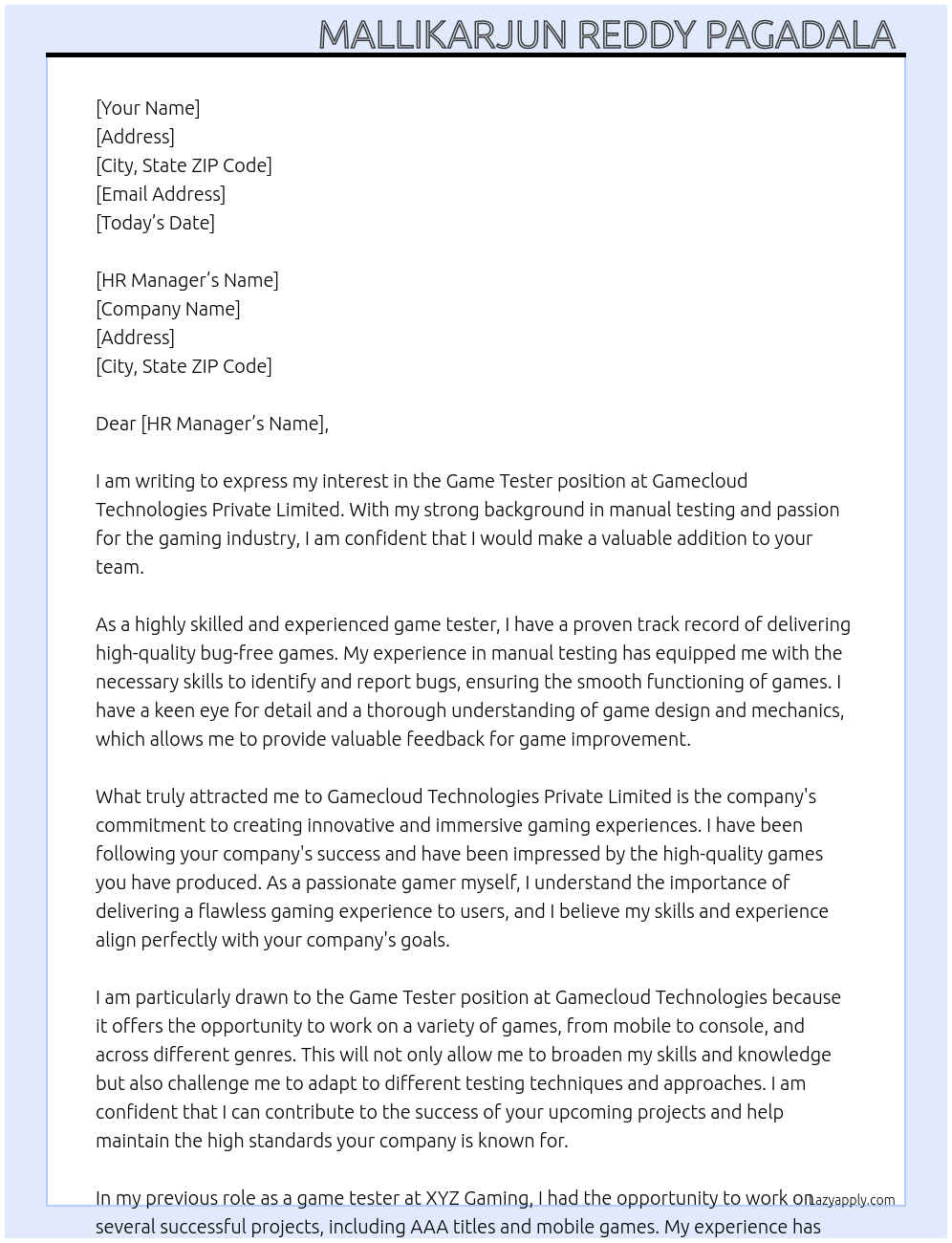 Game tester At Gamecloud Technologies Private Limted Cover Letter