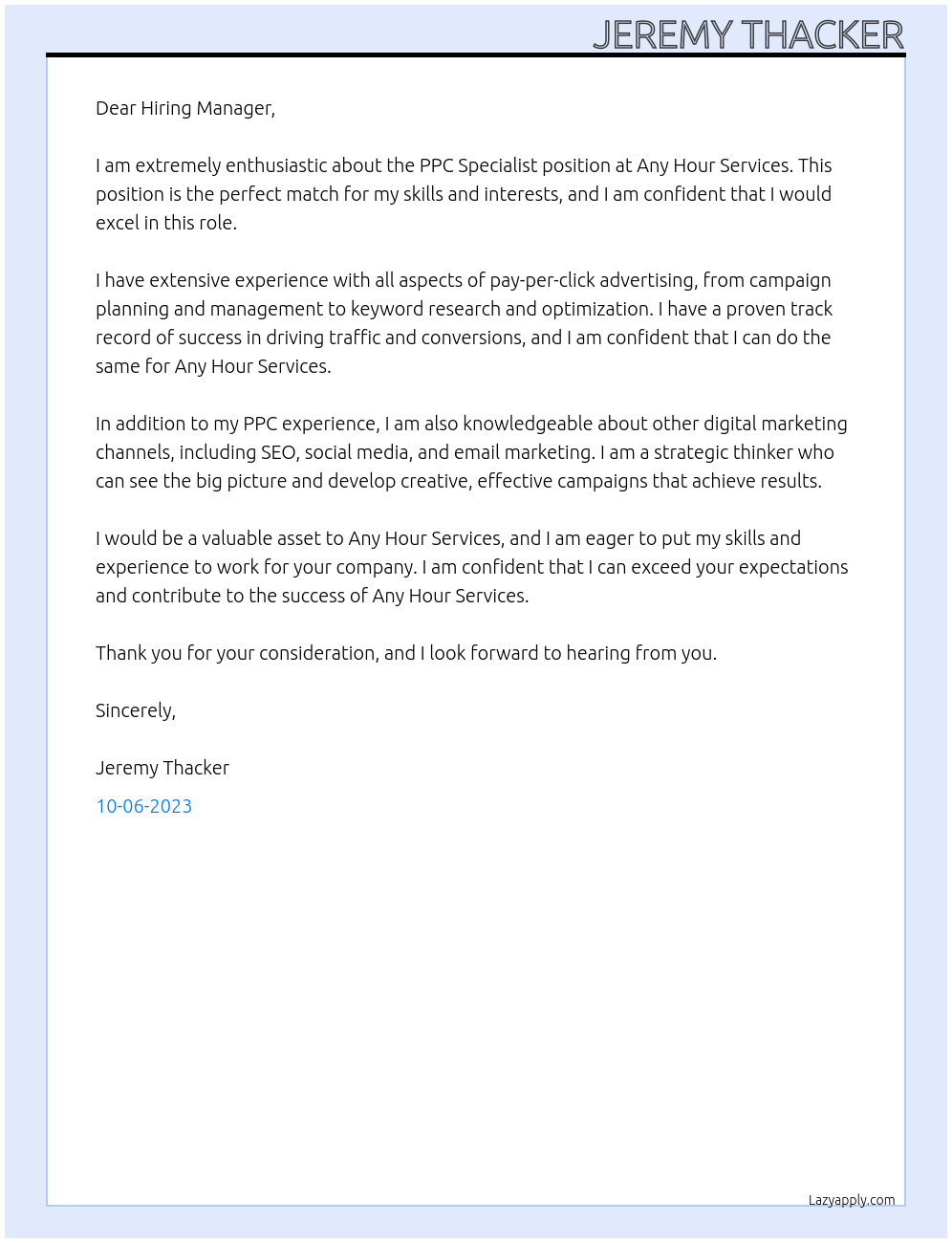 PPC Specialist At Any Hour Services Cover Letter